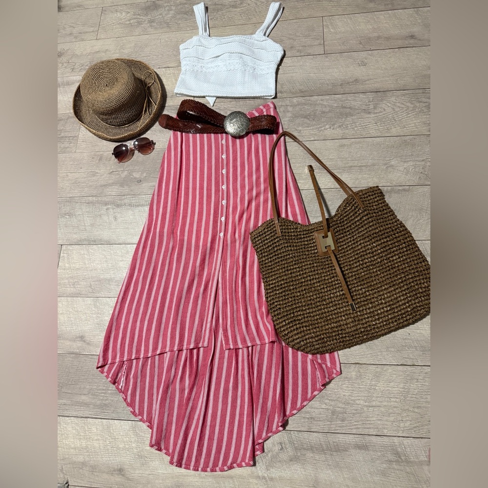 Hollister High-Low Skirt   Red and White Striped flowing button down front